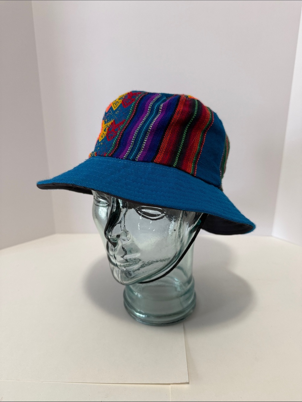 Blue Bucket Hat with Vibrant Woven Panel